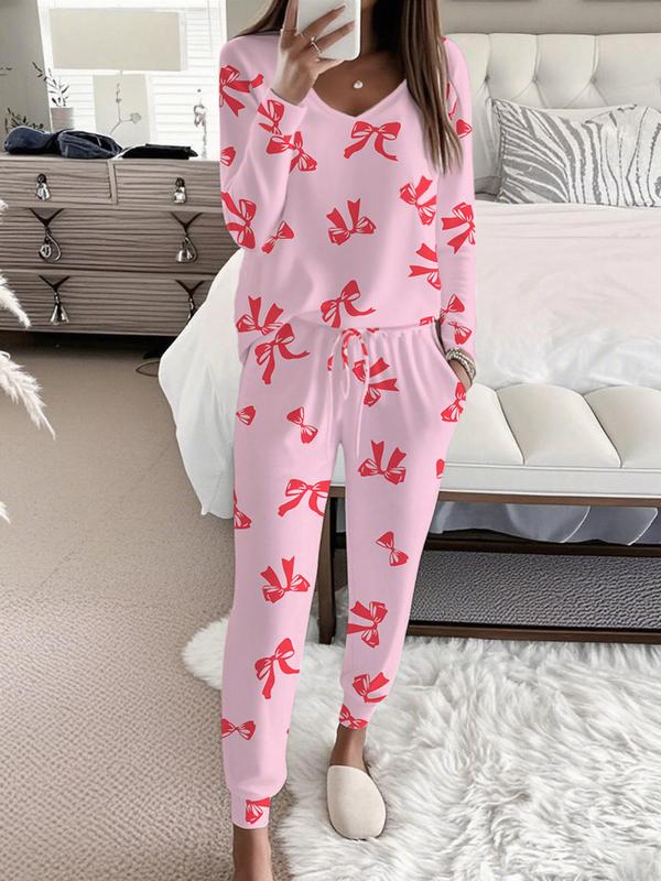 Bow Print V-Neck Long Sleeve Top & Tie Waist Pants Set