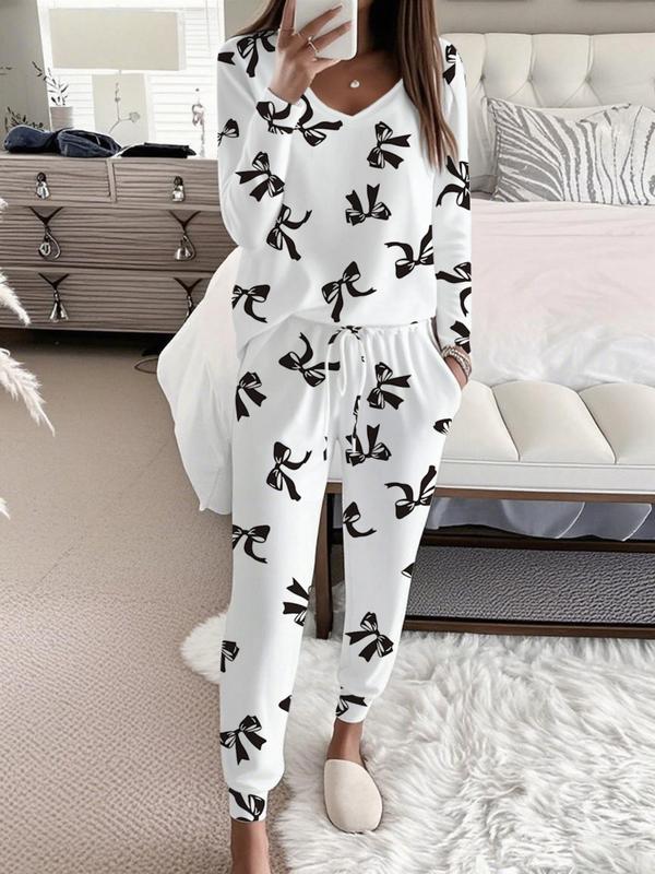 Bow Print V-Neck Long Sleeve Top & Tie Waist Pants Set