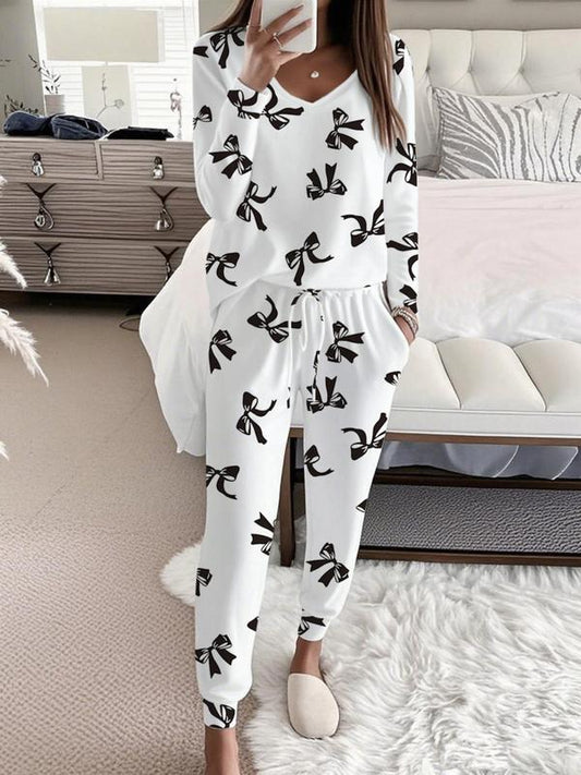 Bow Print V-Neck Long Sleeve Top & Tie Waist Pants Set