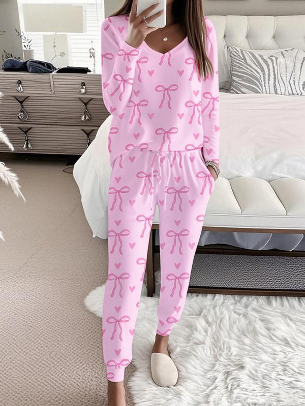 Bow Print V-Neck Long Sleeve Top & Tie Waist Pants Set