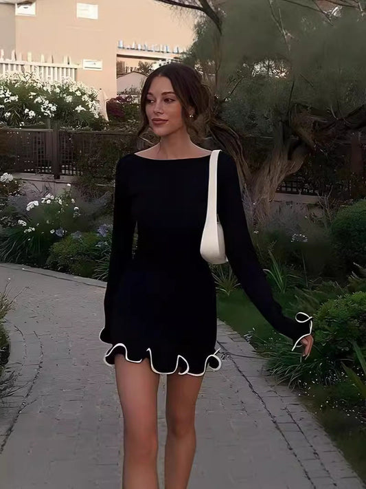 Elegant Colorblock Wave Hem A-Line Long Sleeve Dress