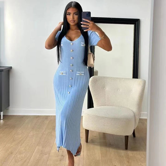 2026 Summer Women Elegant Knitted Long Dress Fashion V-neck Single Breast Sweater Maxi Vetsidos for Women Bodycon Streetwear