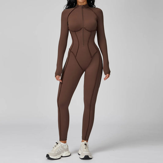 Yoga Bodysuit Long Sleeved Women's Tracksuits Gym Zipper Jumpsuits Sports One piece Tights Suit