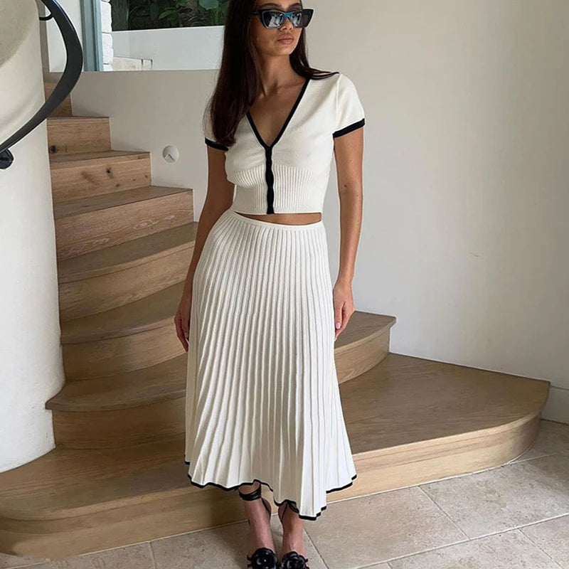 2026 Summer Women White long Skirt Suit Short Sleeve V-neck crop top pleated set elegant dress 2 piece skirt set Plus Size S-3XL