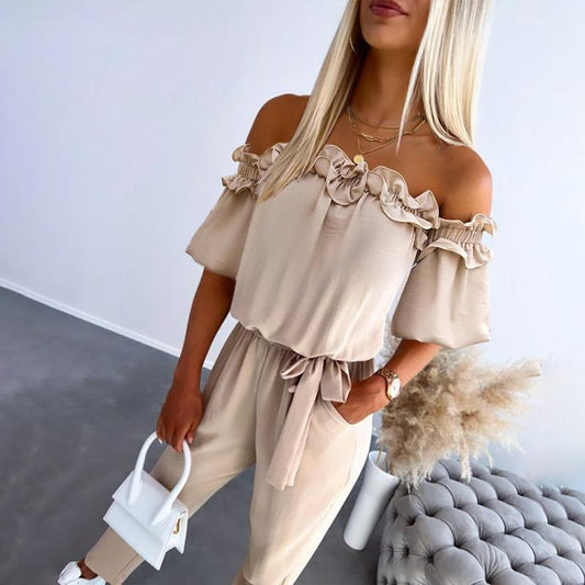 Chic Off Shoulder Frill Tie-Waist Jumpsuit