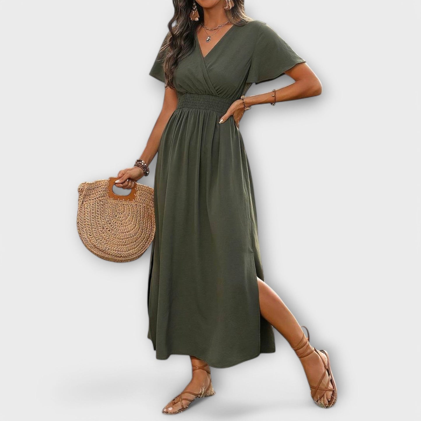 An elegant Boho dress with a V-neckline and long sleeves