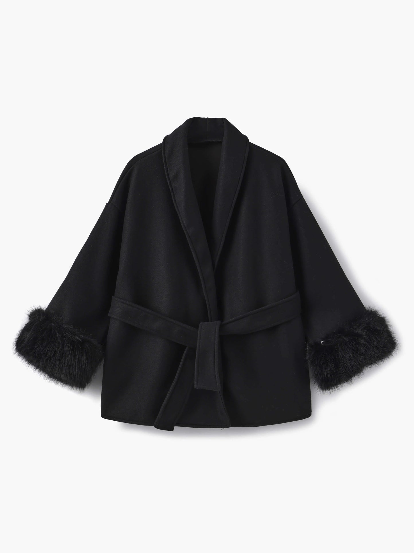 Belted Wrap Coat with Faux Fur Cuffs for Women