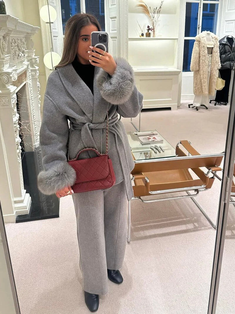 Belted Wrap Coat with Faux Fur Cuffs for Women